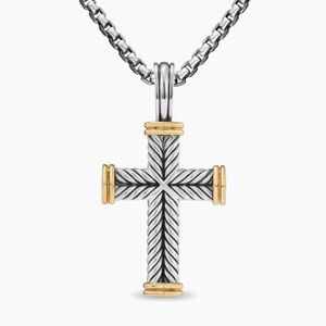Cable Two-Tone Chevron Design Cross Necklace  17” Adjustable to 21”